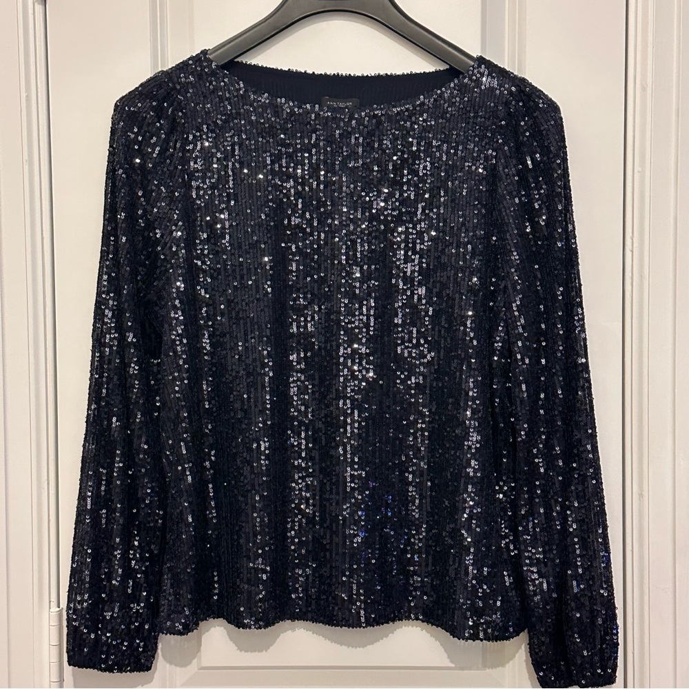 Ann Taylor Womens Sequin Long Sleeve Top Navy Size M New With Tags